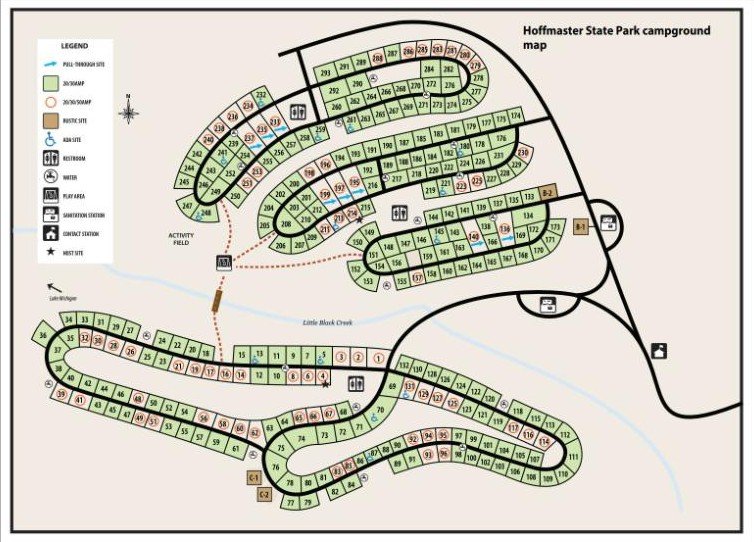 P.J. Hoffmaster State Park campground map showing site loops and Little Black Creek