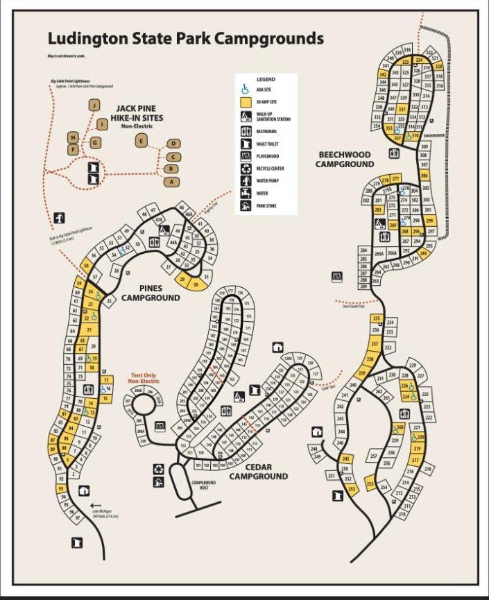 Ludington State Park campground map showing Jack Pine hike-in sites, Pines, Beechwood, and Cedar loops