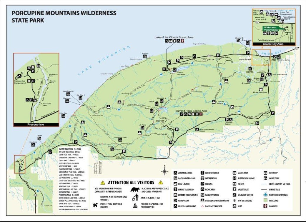 Porcupine Mountains Wilderness State Park map showing Union Bay Campground and Presque Isle Campground