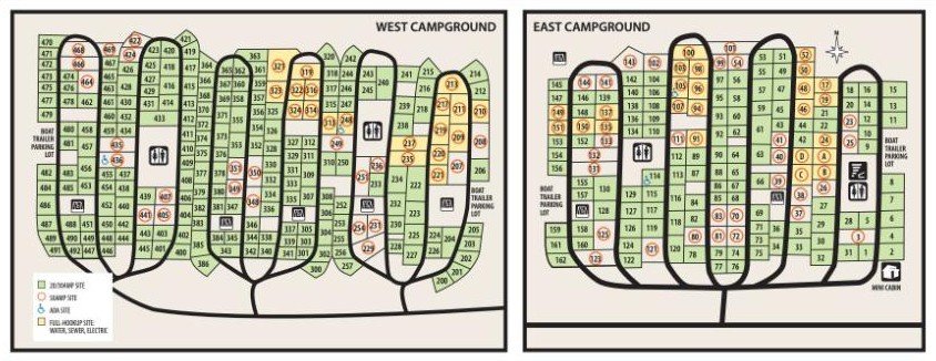 South Higgins Lake State Park campground map showing West Campground and East Campground site layouts