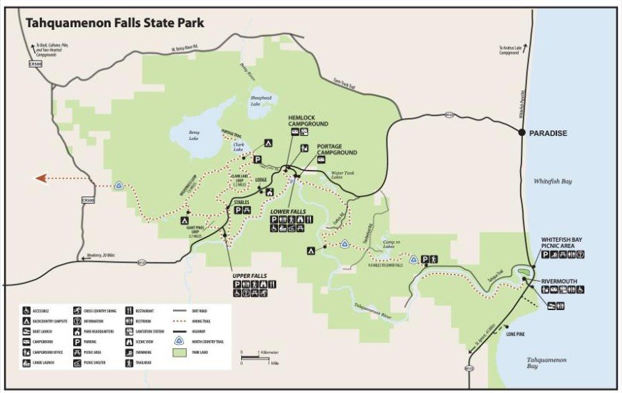 Tahquamenon Falls State Park map showing Hemlock, Portage, and Rivermouth campground areas, Upper Falls and Lower Falls
