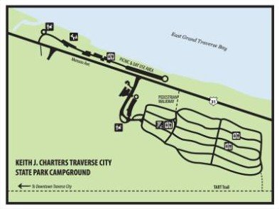 Keith J. Charters Traverse City State Park campground map showing the loops along East Grand Traverse Bay