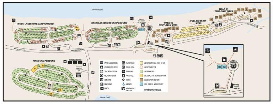 Wilderness State Park campground map showing Lakeshore, Pines, and walk-in tent campgrounds
